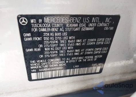 1999 Mercedes-Benz Ml 320 from USA, damaged, VIN 4JGAB54E0XA056053